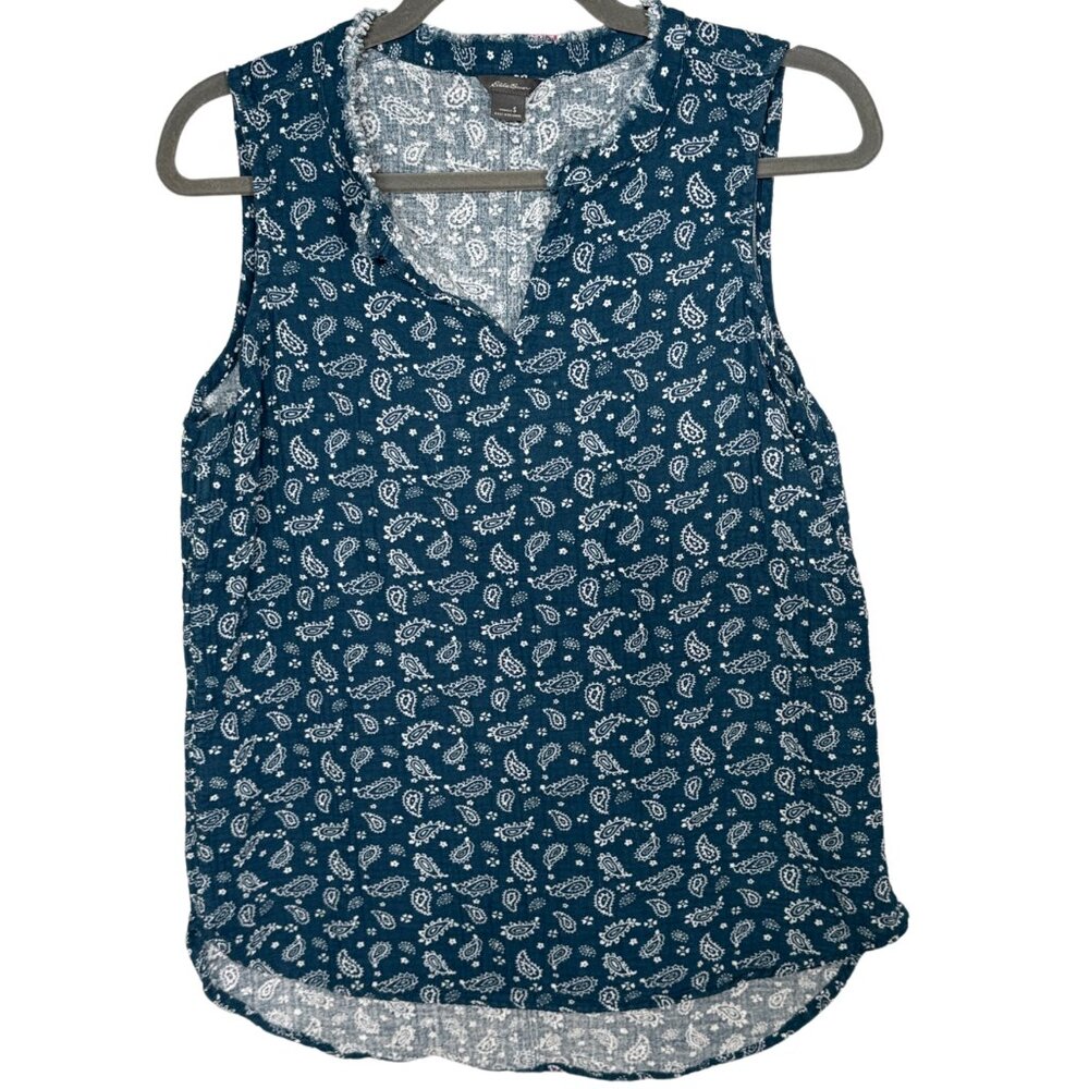 Eddie Bauer Blue Paisley Sleeveless Cotton Blouse Lightweight Top Size Small - Picture 4 of 6